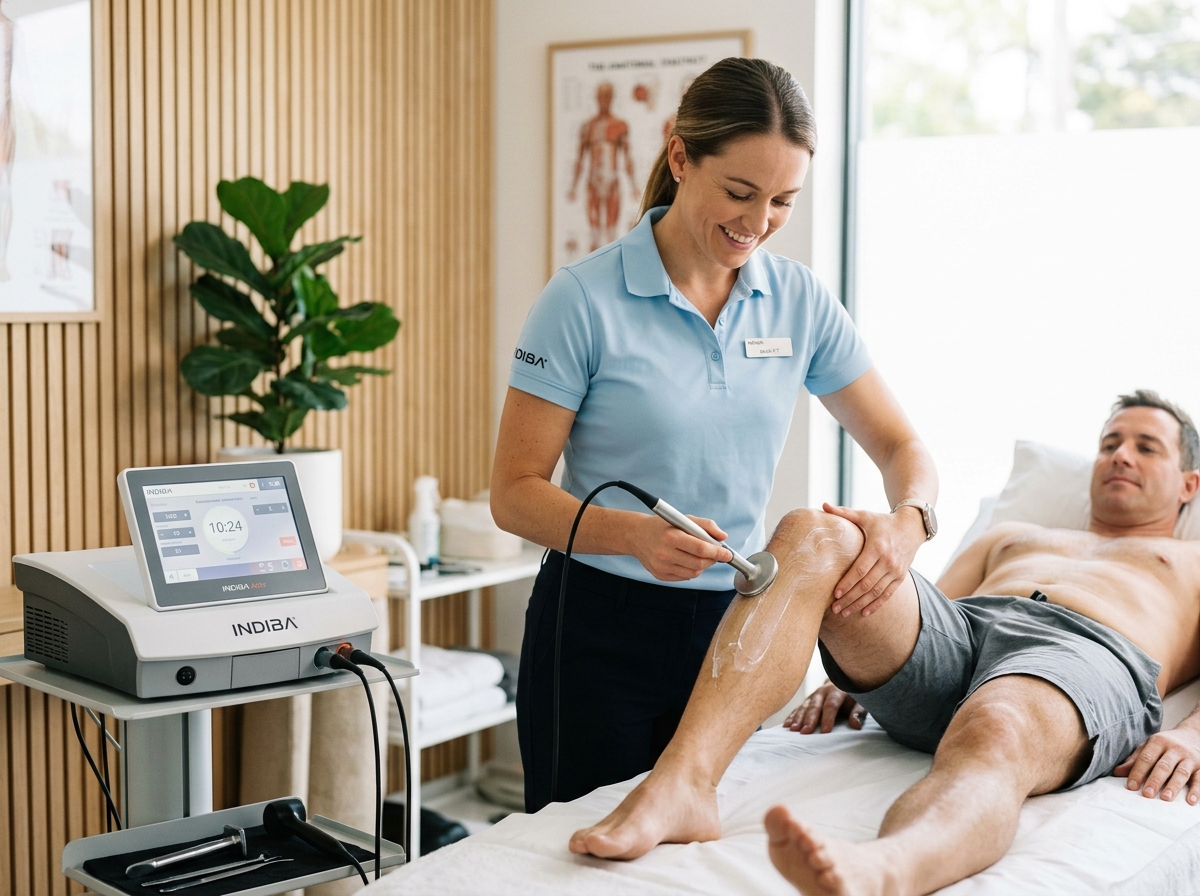 Fisioterapeuta aplicando electrodo de diatermia INDIBA con gel conductor en rodilla