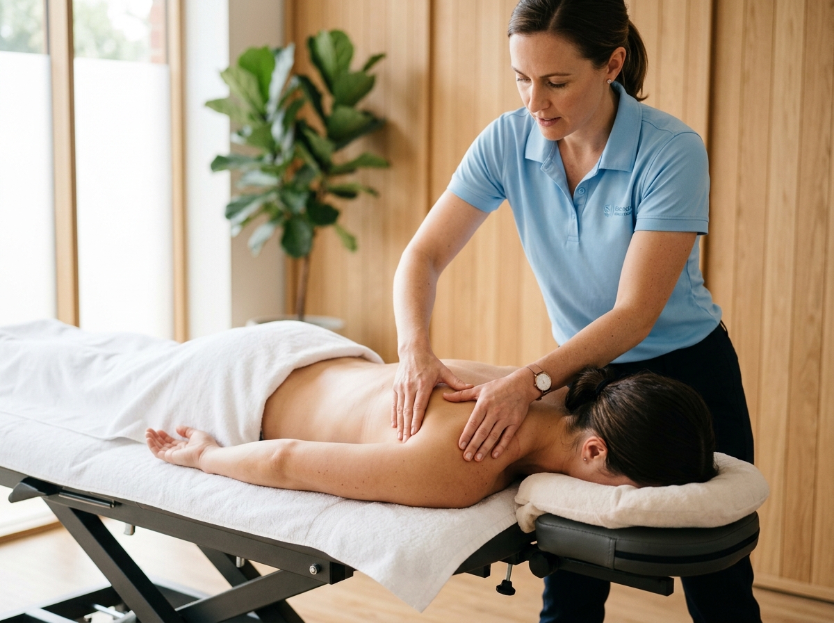 Fisioterapeuta aplicando terapia manual en hombro y espalda en camilla clínica